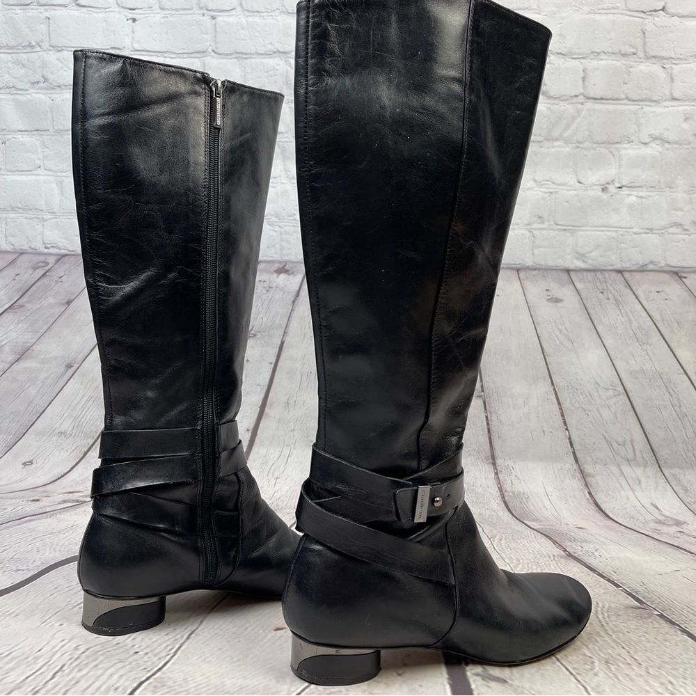 KARL LAGERFELD black leather side zip round heel riding boots, size 8.5 - Picture 2 of 15